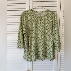J Jill Women's 100% Pima Cotton Floral Green 3/4 Sleeve Top Size Large